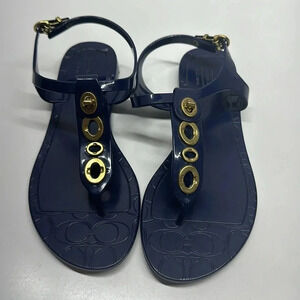 Coach Phila Jelly Flat Thong Sandal Shoes Turn Lock Brass Navy Blue Size 6